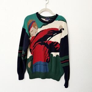 [Vintage] Hand Intarsia Knit Golfing Novelty Print Crew Neck Sweater Sz Medium M